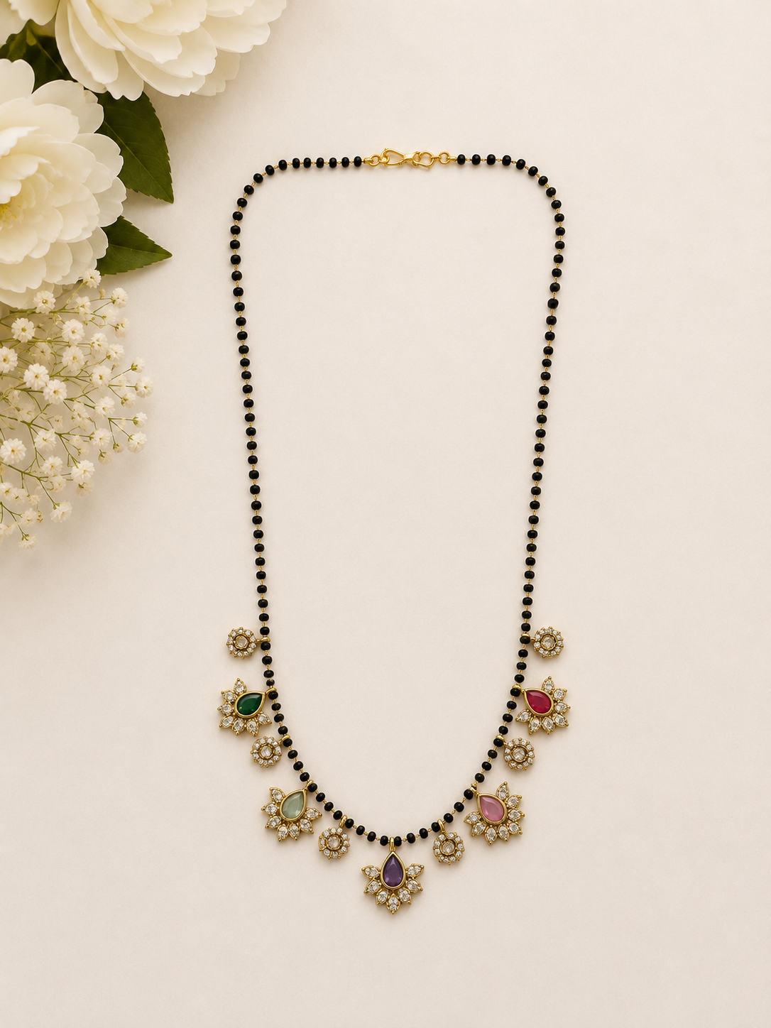 Multicolor Stone Black Beads Necklace V809