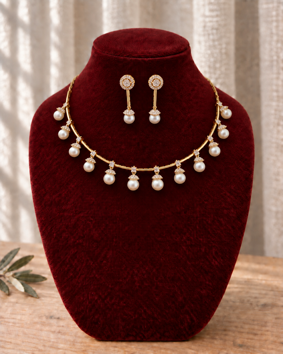 Pearl Drop Diamond-Finish Necklace Set