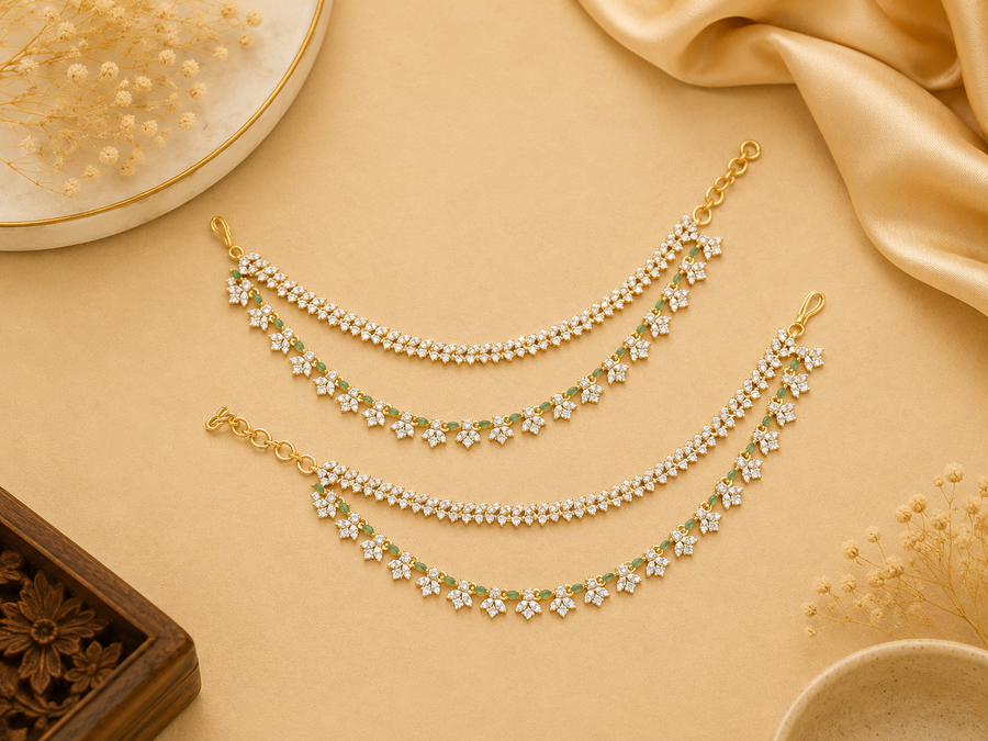 Emerald Floral Diamond Earchains V653