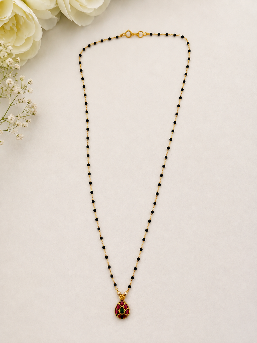 Dual-Sided Jadua Kundan Black Beads Necklace V579