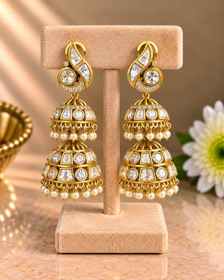 Polki LV Shade Double Jhumka Earrings