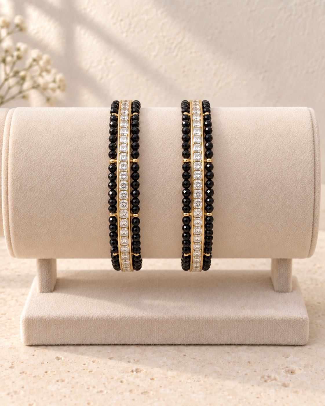 Black Beaded Stone Bangles V589
