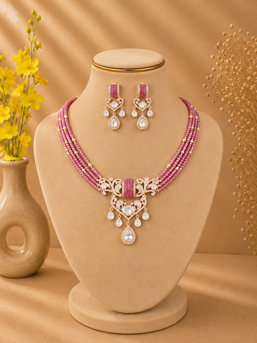 Moissanite Pink Beads Necklace Set