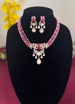 Moissanite Pink Beads Necklace Set