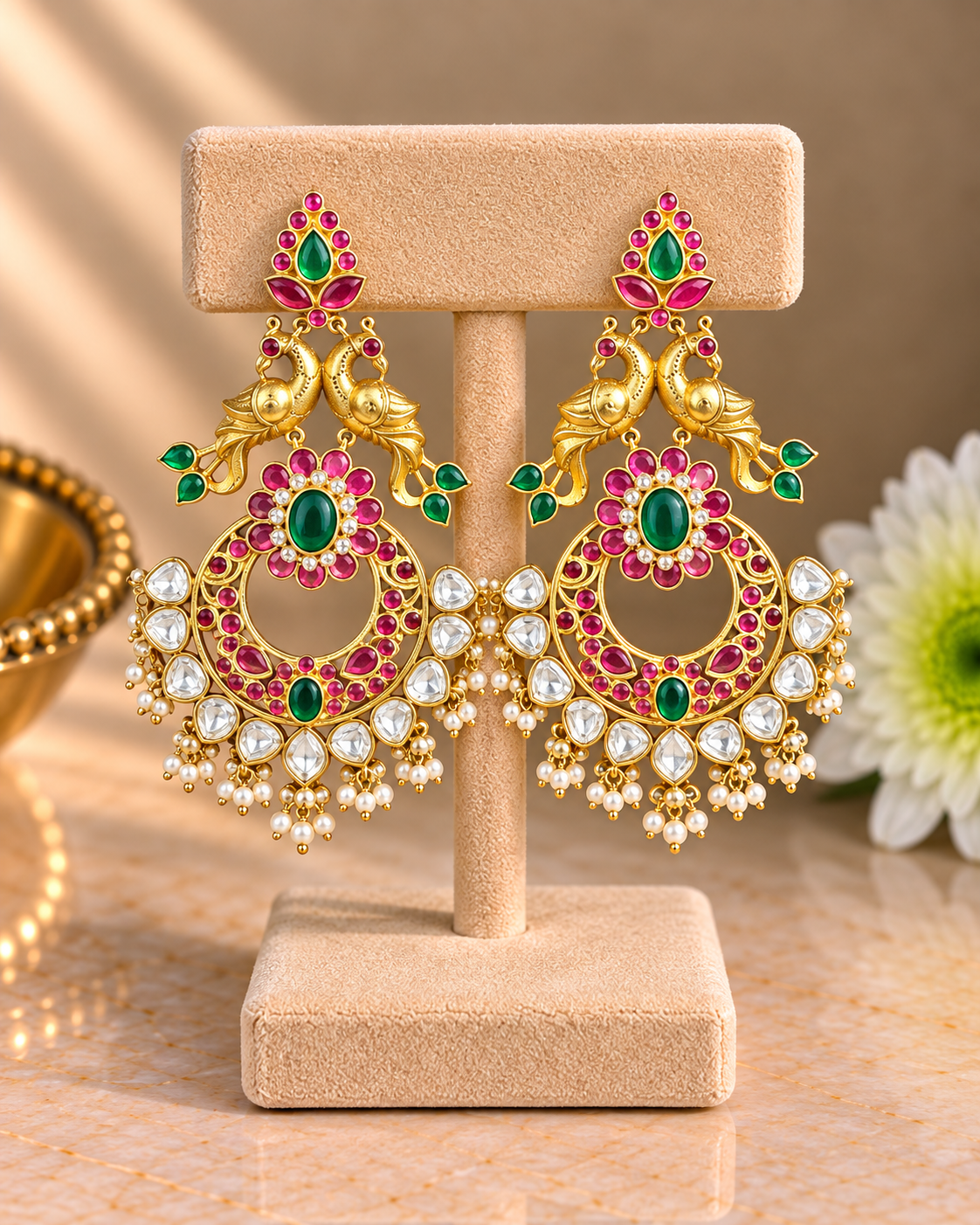 Jadua Kundan Peacock Statement Earrings