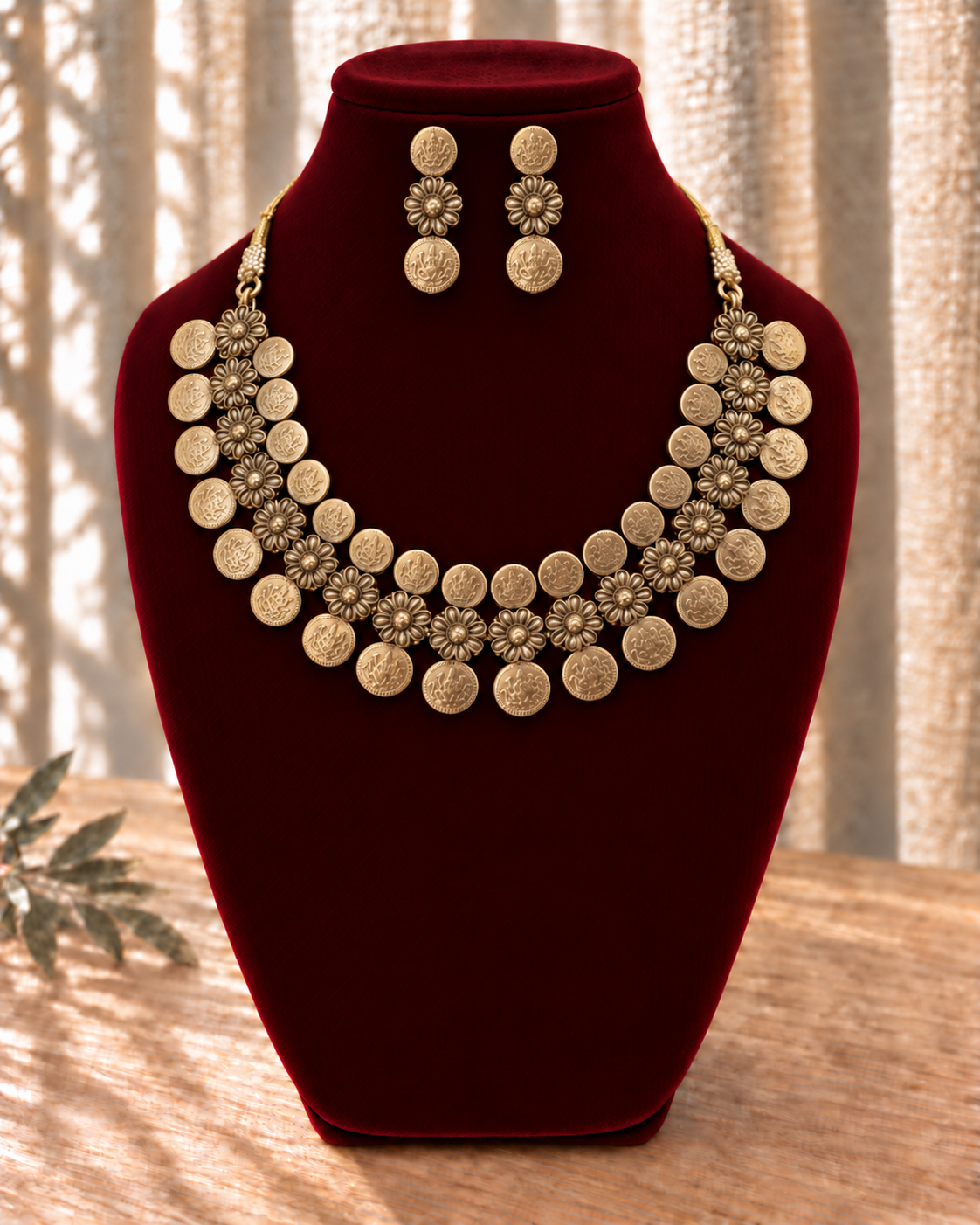 Antique Gold Coin & Floral Necklace Set
