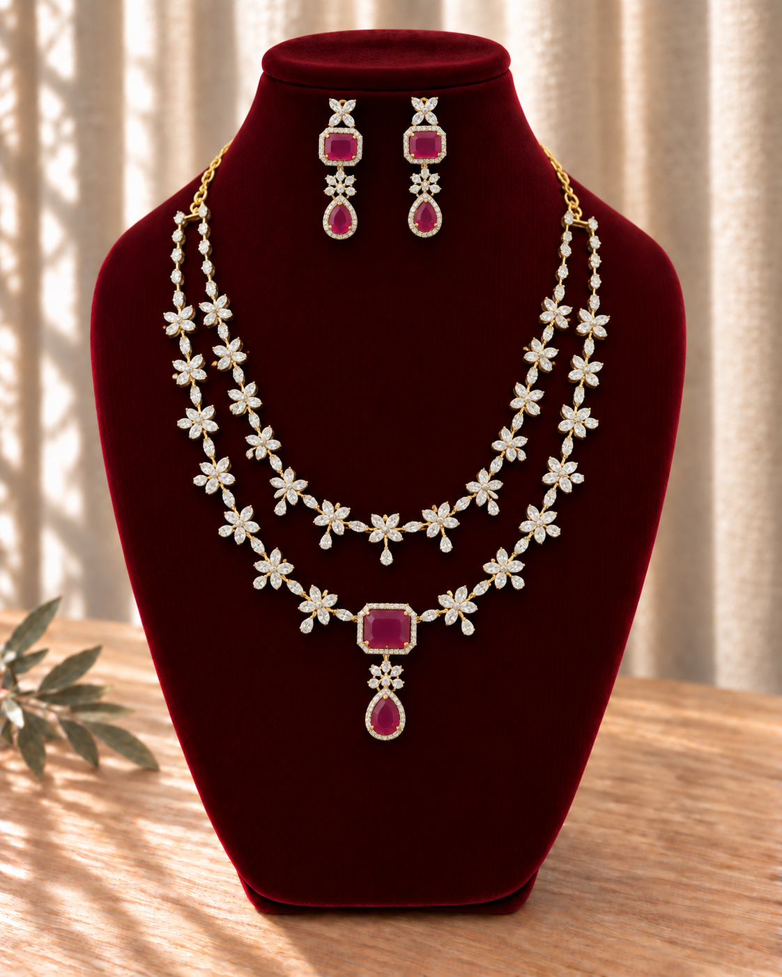 Floral Double-Layer Ruby Necklace Set