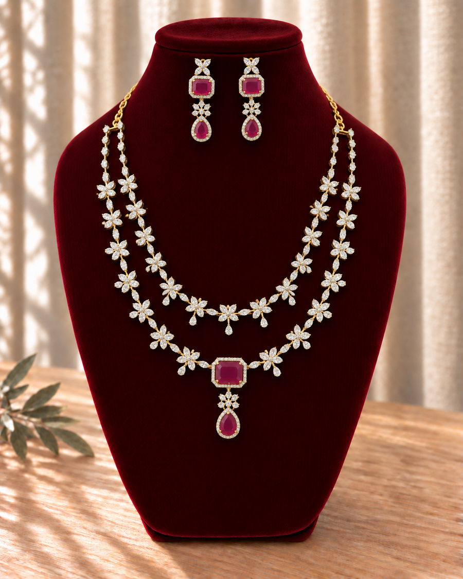 Floral Double-Layer Ruby Necklace Set