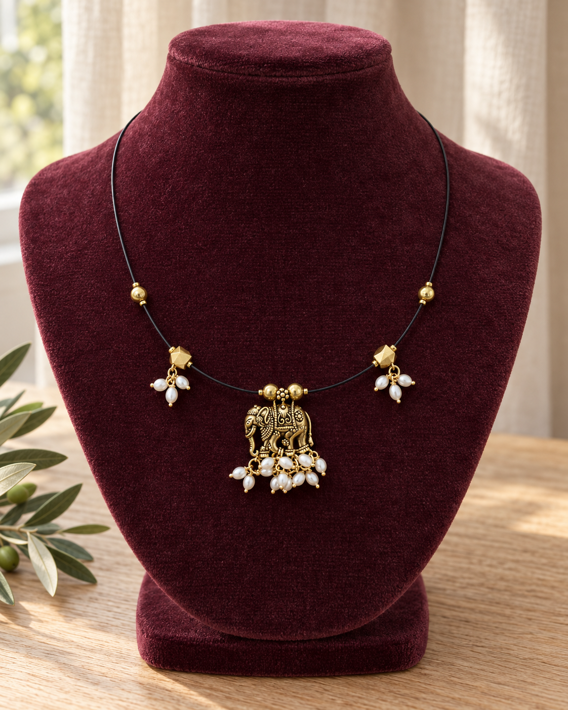 Elephant Pendant Black Cord Necklace