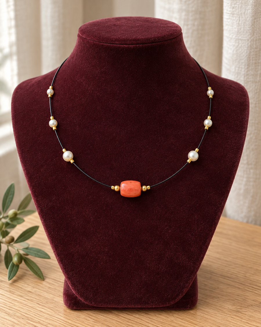 Pearl & Coral Invisible Chain Necklace