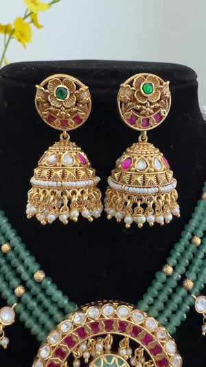 Green Beaded Jadua Kundan Necklace Set V866