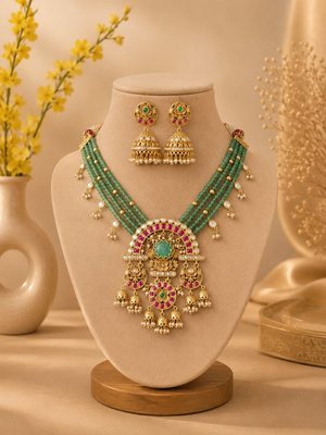 Green Beaded Jadua Kundan Necklace Set V866