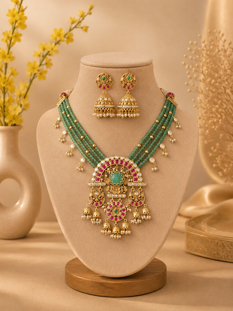 Green Beaded Jadua Kundan Necklace Set V866