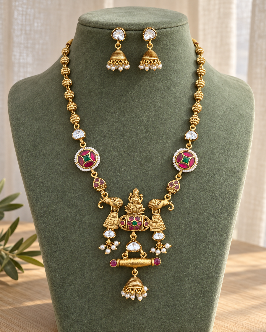 Antique Jadua Kundan Temple Necklace Set