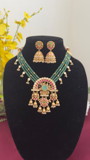Green Beaded Jadua Kundan Necklace Set V866