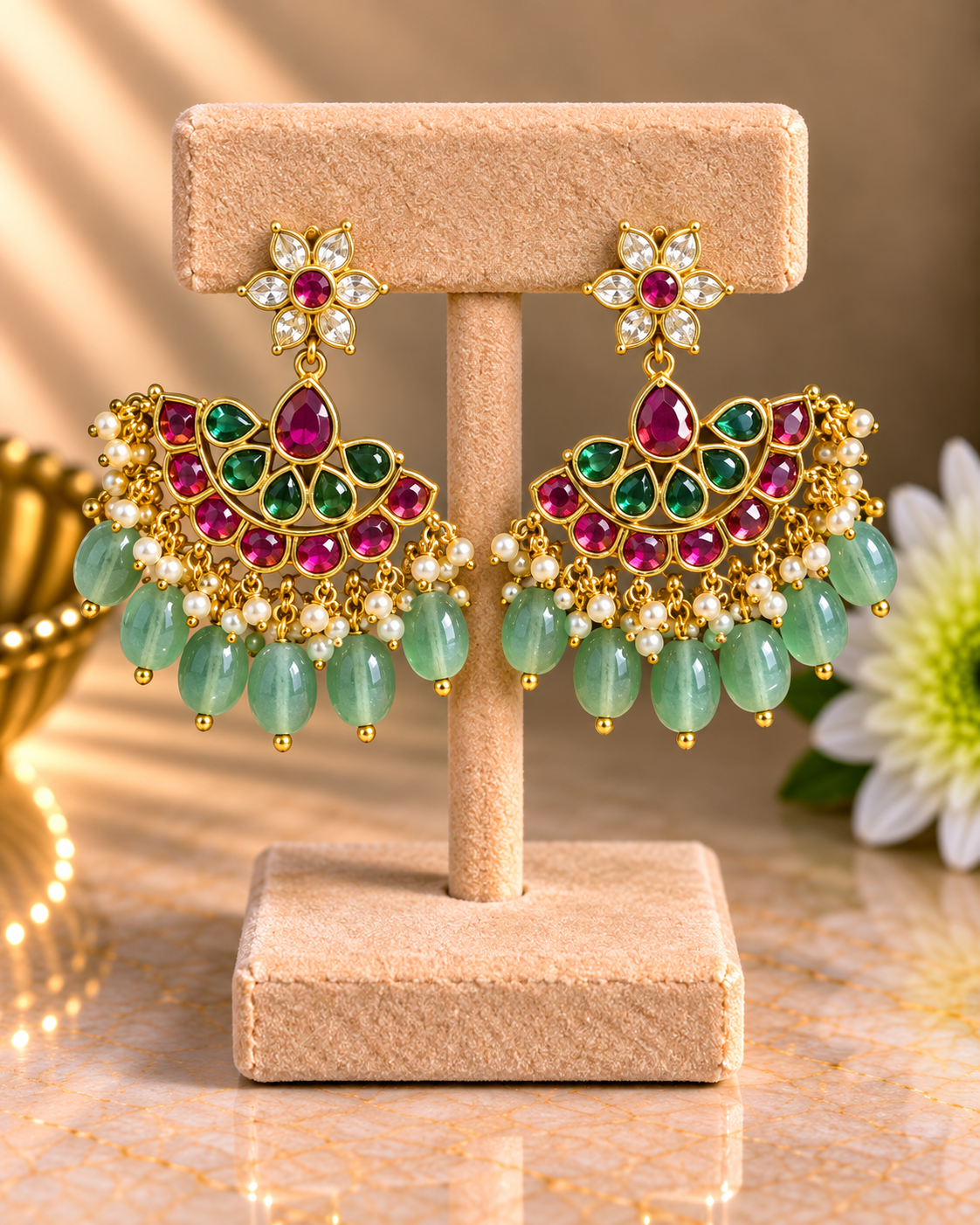 Ruby Green Beaded Chandbali Earrings V311