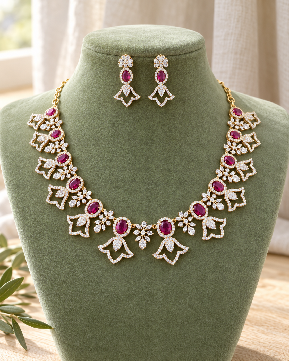 Ruby & White Stone Floral Necklace Set