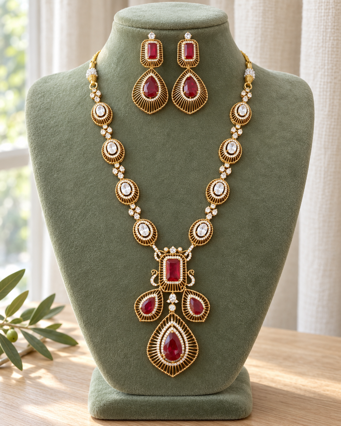 Ruby & White Stone Necklace Set