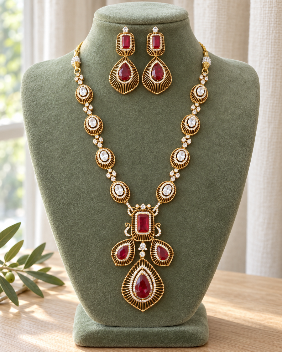 Ruby & White Stone Necklace Set