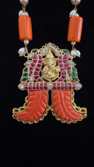 Coral Jadua Kundan Ganesha Pendant Necklace V636