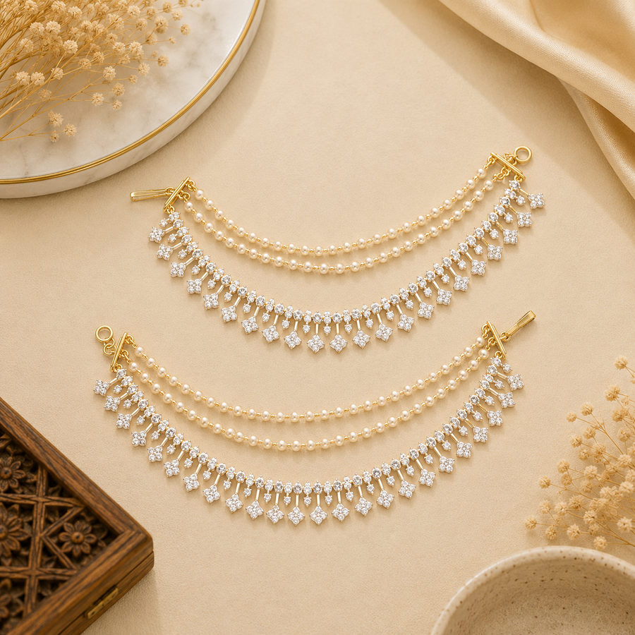 Pearl Diamond Tassel Earchains V892