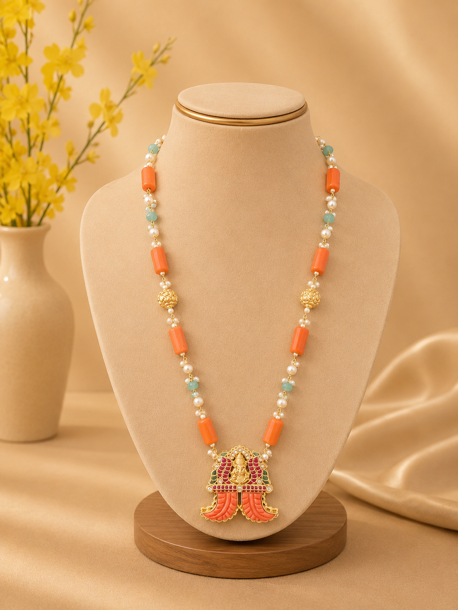 Coral Jadua Kundan Ganesha Pendant Necklace V636