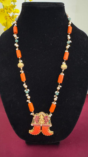 Coral Jadua Kundan Ganesha Pendant Necklace V636