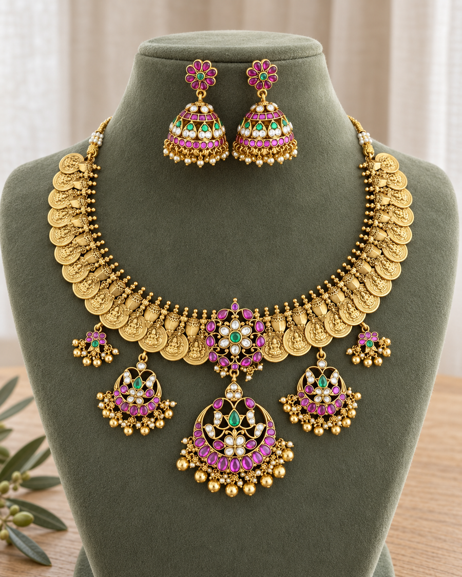 5-Locket Kaasu Jadua Kundan Short Necklace Set