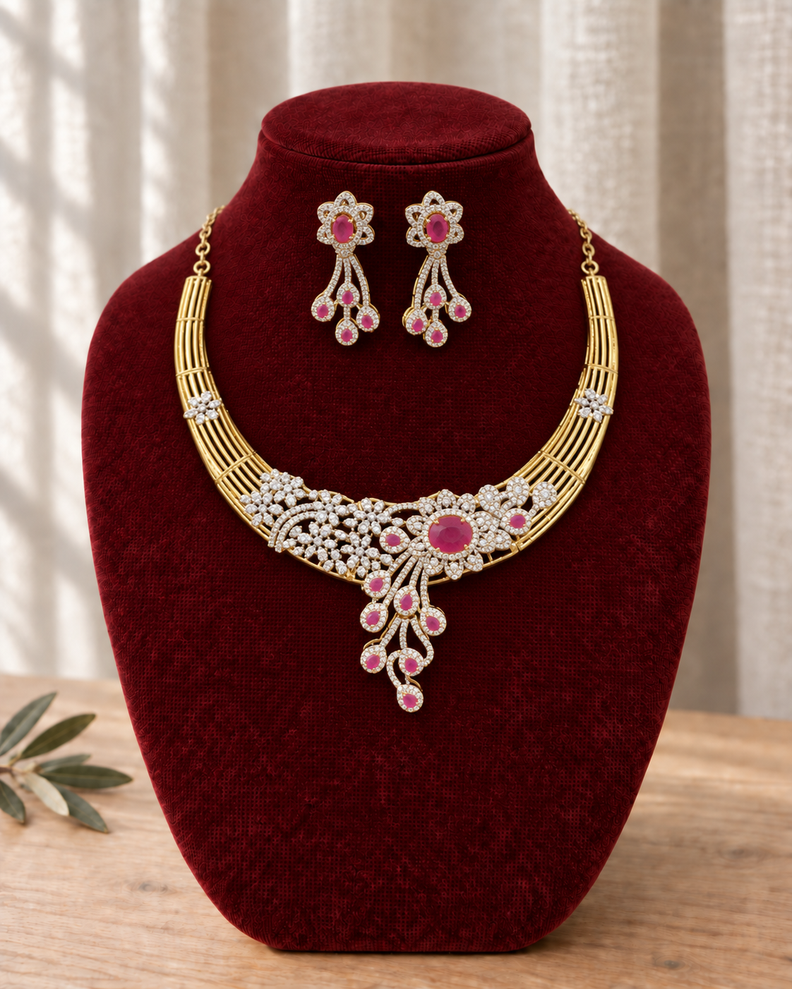 Diamond Finish Ruby Necklace Set
