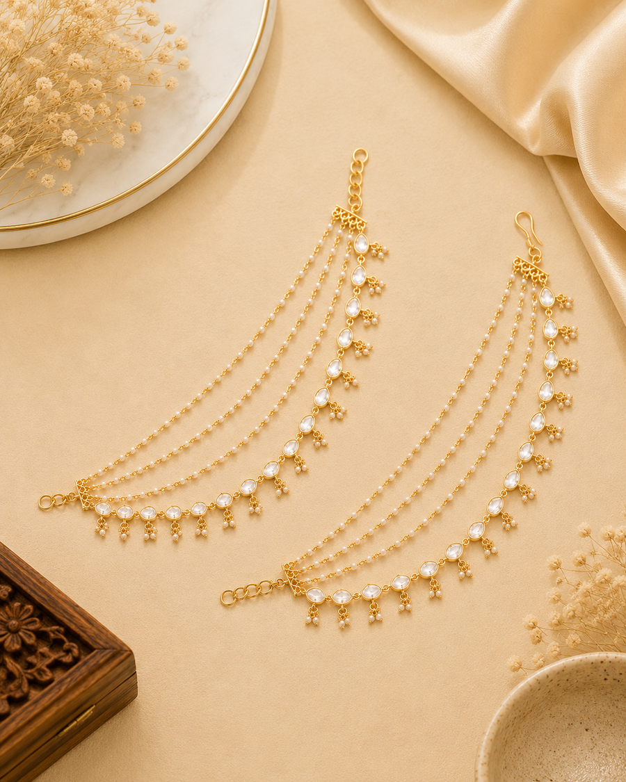 Pearl Mossanite Polki Earchains V879