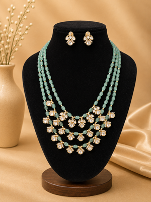 Mossanite Layered Green Beaded Necklace SetV888