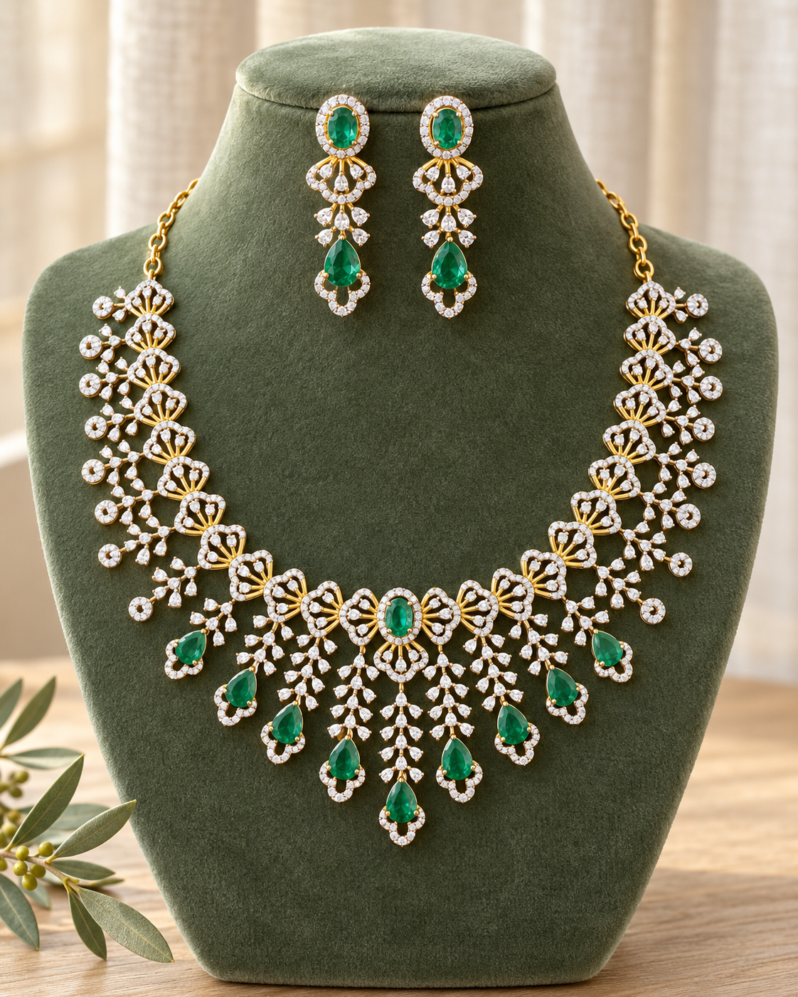 Green & White Stone Statement Necklace Set
