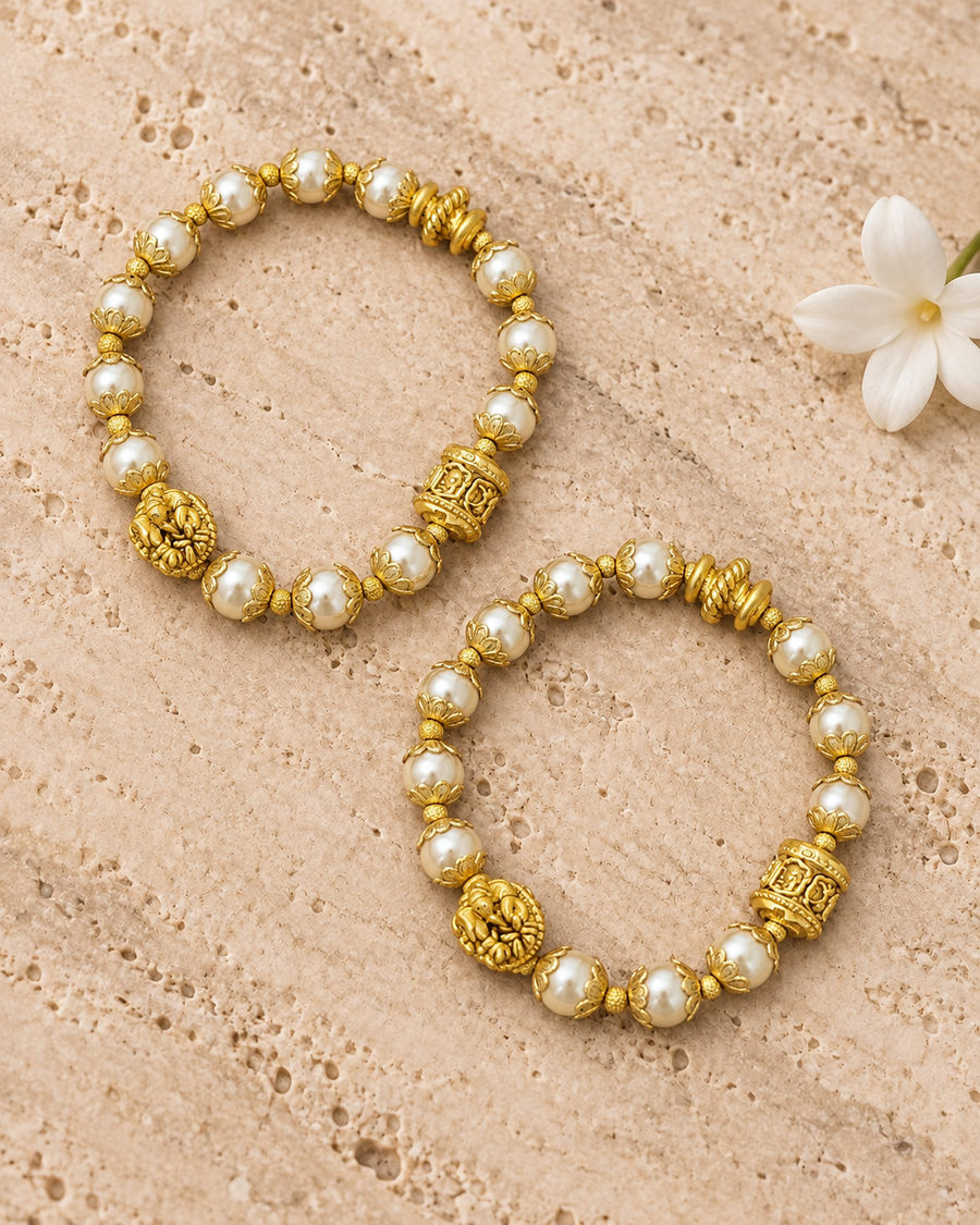 Antique Pearl Ganesha Adjustable Kada