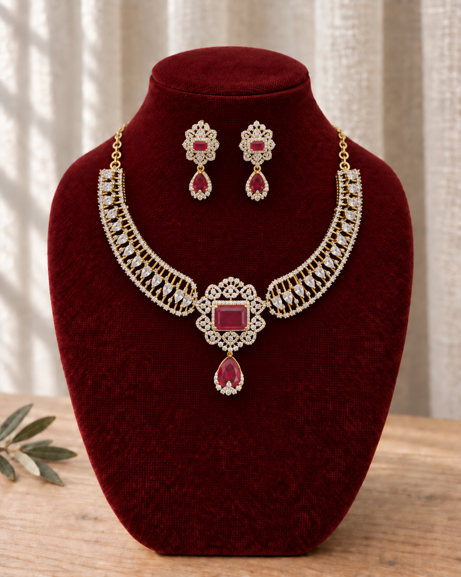 Ruby Leaf Diamond-Finish Necklace Set
