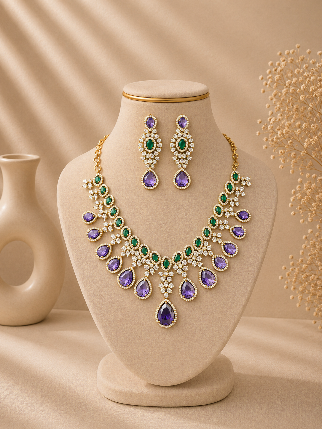 Emerald Amethyst Statement Necklace Set V493